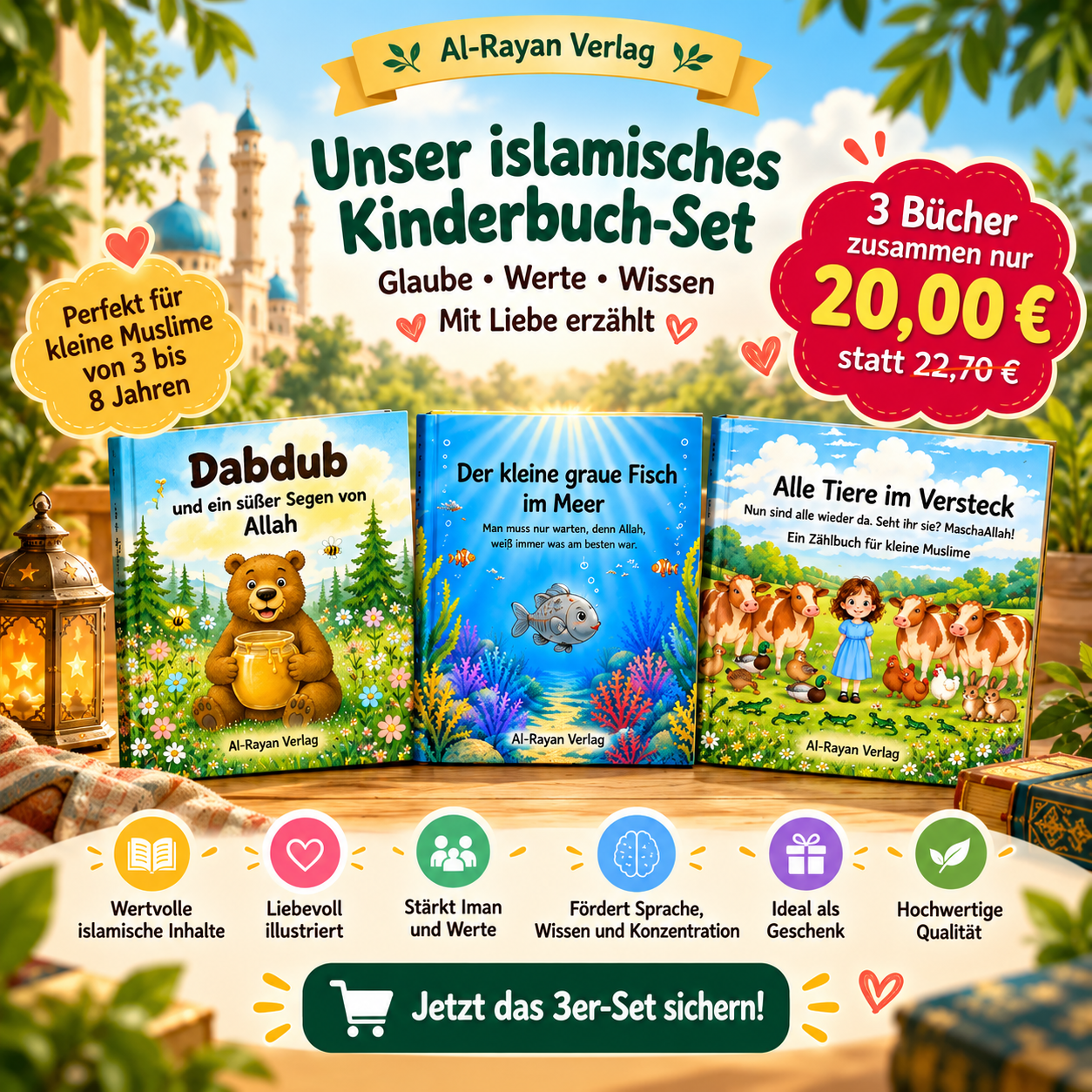 3er-Set islamische Kinderbücher Dabdub kleiner grauer Fisch Alle Tiere im Versteck